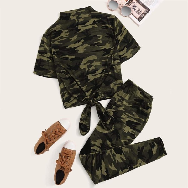 

Plus Tie Front Camo Print Top & Mesh Insert Leggings Set
