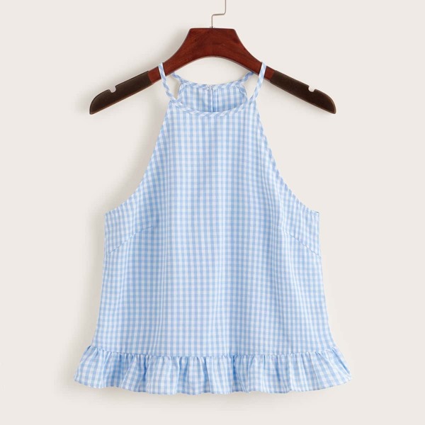

Ruffle Trim Gingham Halter Tank Top