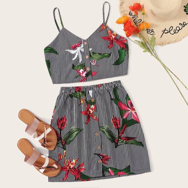 

Floral Print Button Front Caim Top With Skirt
