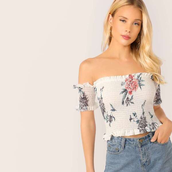 

Off Shoulder Frill Trim Shirred Top, White
