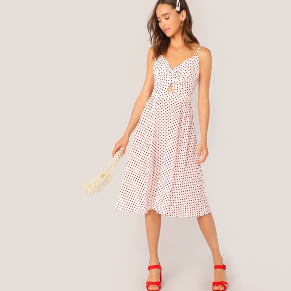 

Polka-dot Print Tie Back Twist Peekaboo Slip Dress, Multicolor