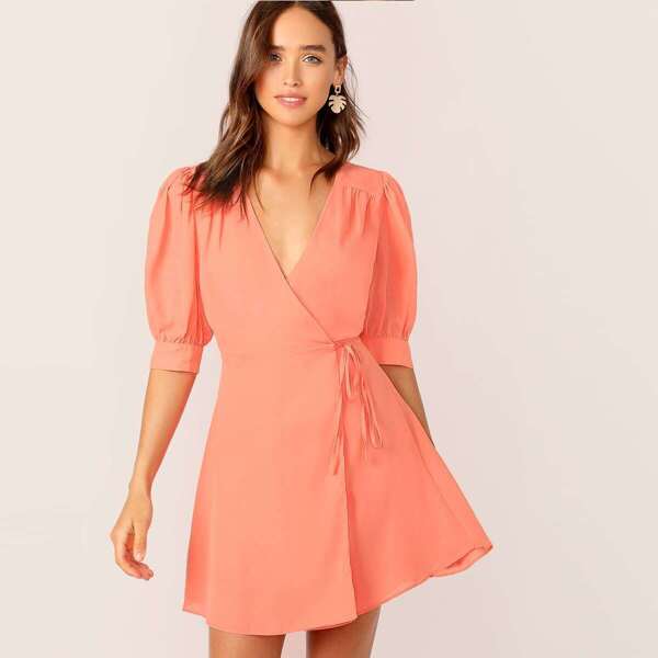 

Puff Sleeve Tie Side Wrap Dress, Orange