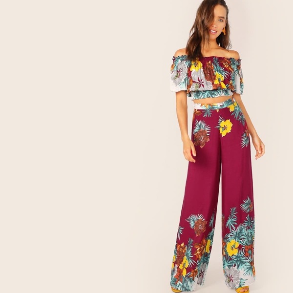

Tropical Floral Print Bardot Crop Top & Wide Leg Pants Set