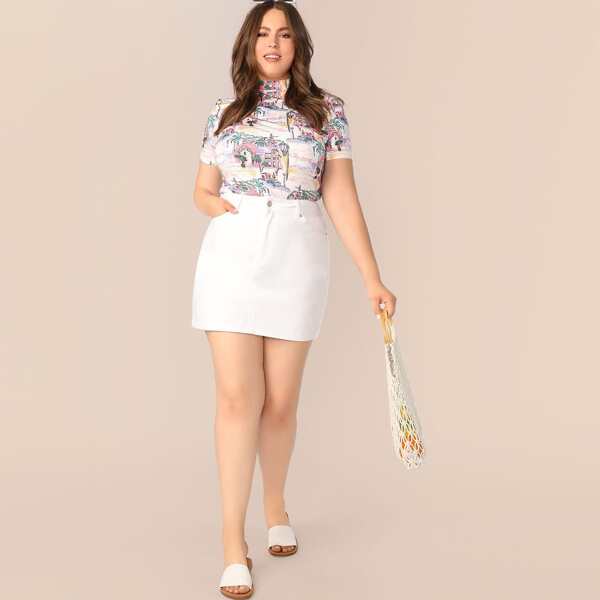 

Plus Mock Neck Landscape Print Top