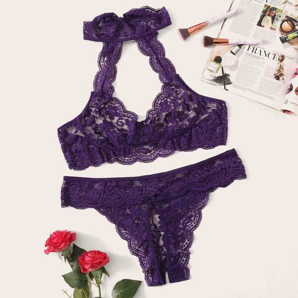 

Plus Halter Floral Lace Crotchless Lingerie Set
