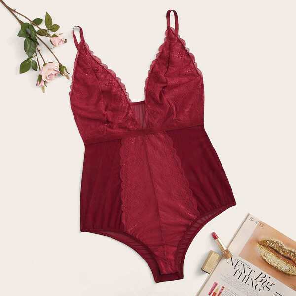 Plus Contrast Lace Teddy Bodysuit