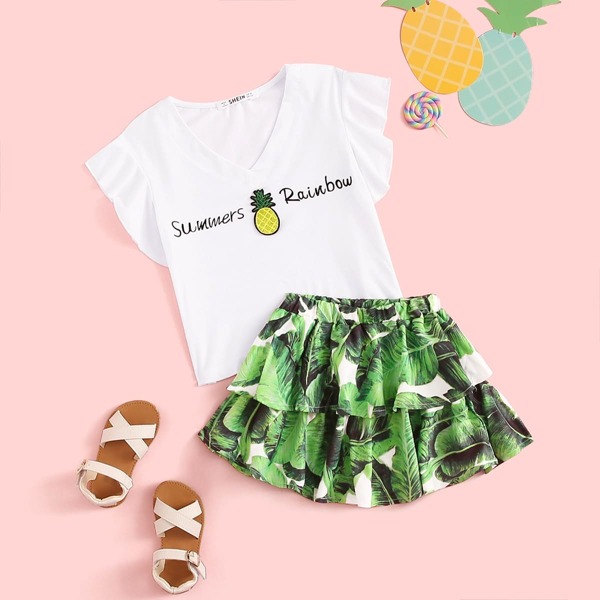 

Toddler Girls Embroidered Applique Top & Double Ruffle Hem Skirt Set