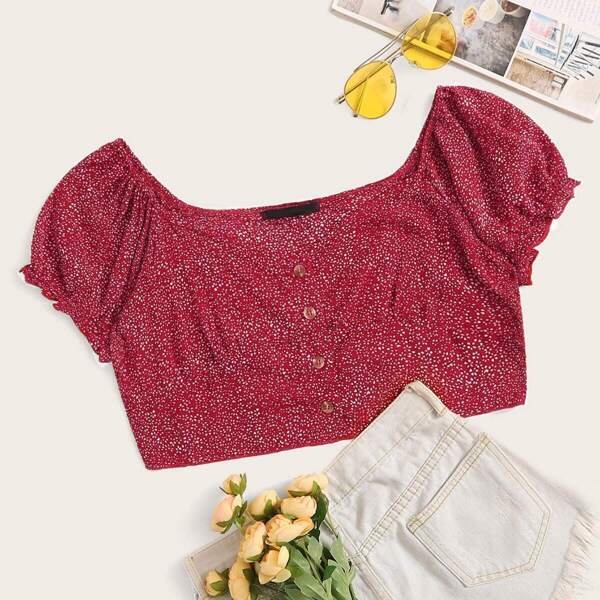 

Buttoned Front Puff Sleeve Dalmatian Crop Top, Burgundy