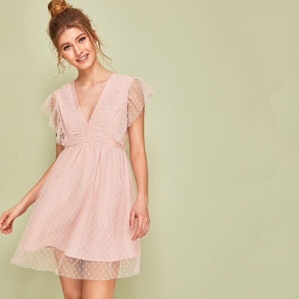 

Plunging Neck Ruffle Armhole Dobby Mesh Overlay Dress, Pink