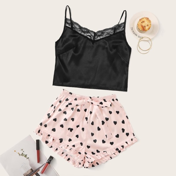 

Lace Trim Satin Cami & Heart Print Shorts PJ Set