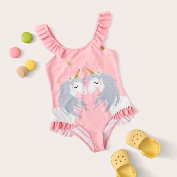 

Girls Unicorn Print Ruffle Trim One Piece Swimsuit