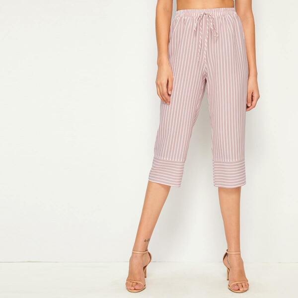 

Drawstring Waist Striped Capris Pants, Pink
