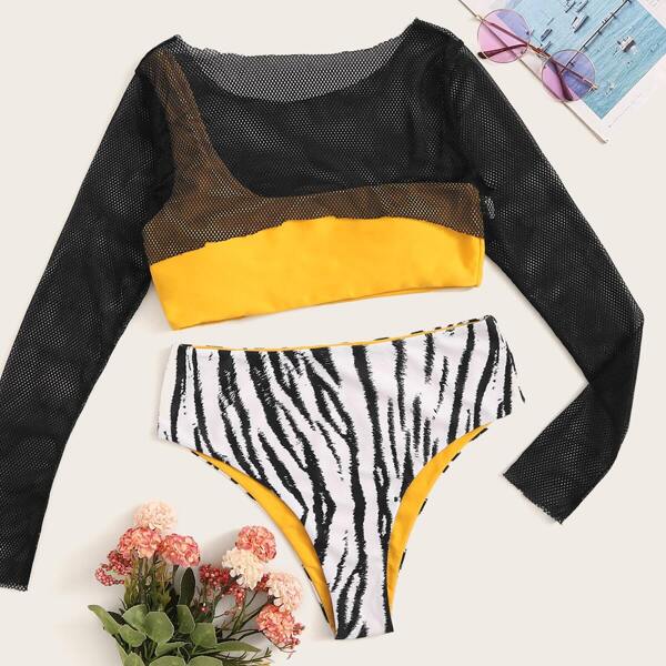

One Shoulder Bikini Set With Fishnet Crop Top 3pack