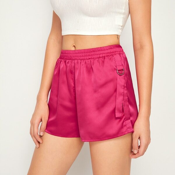 

Elastic Waist D-ring Strap Detail Satin Shorts, Pink bright