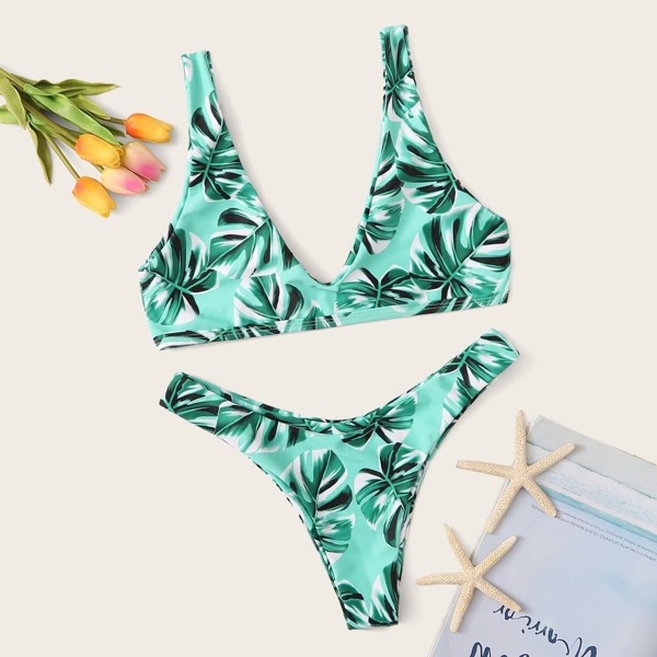 

Random Tropical Plunge Top With High Leg Bikini Set