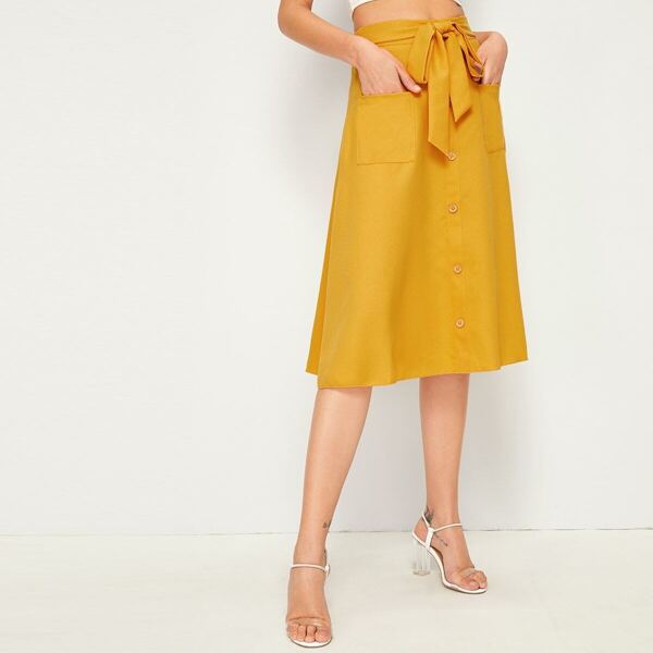 

Button Front Self Belted Pocket Patched Skirt, Yellow