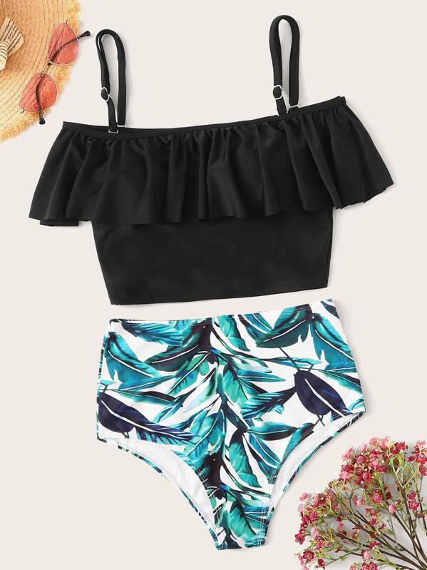 

Flounce Bardot Top With Random Leaf Print Tankini, Multicolor