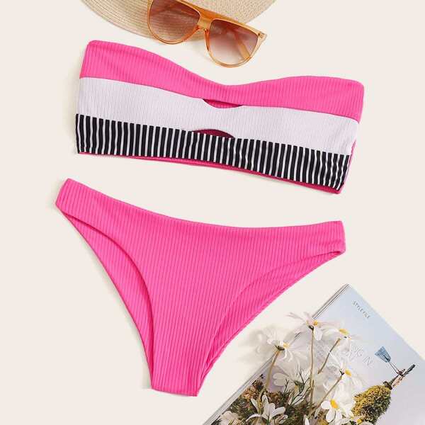 

Color-block Bandeau With Ribbed Bikini Set