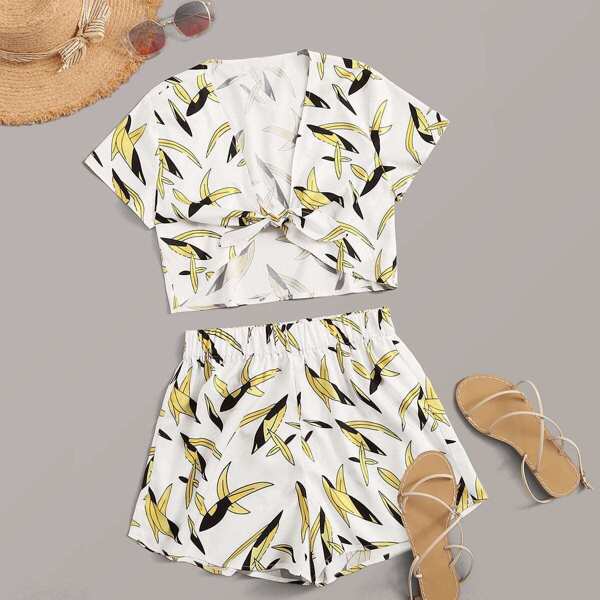 

Leaf Print Tie Front Top & Shorts Set, Multicolor