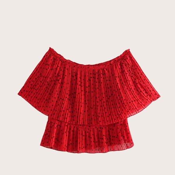 

Off-shoulder Polka Dot Pleated Ruffle Blouse