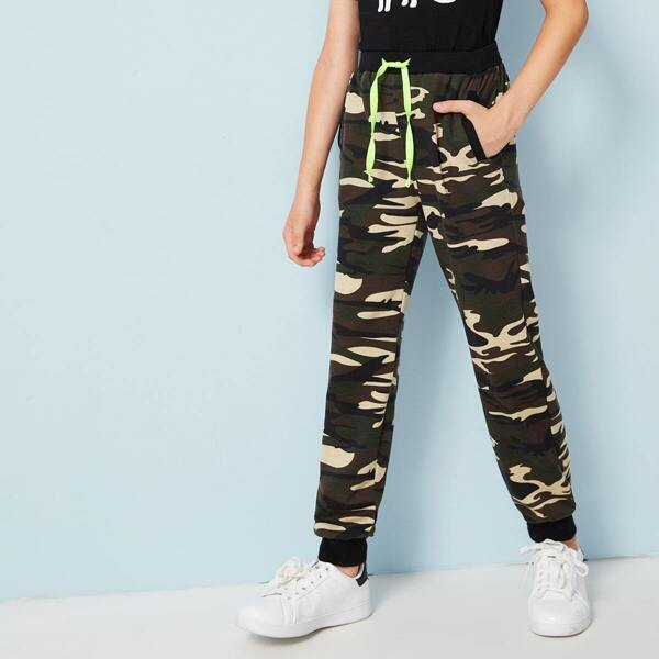 

Boys Neon Drawstring Waist Camo Print Pants