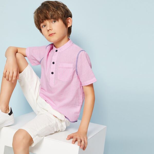

Boys Buttoned Half Placket Contrast Stitch Striped Shirt