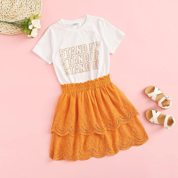 

Girls Slogan Tee & Ruffle Waist Scalloped Schiffy Skirt Set, Multicolor