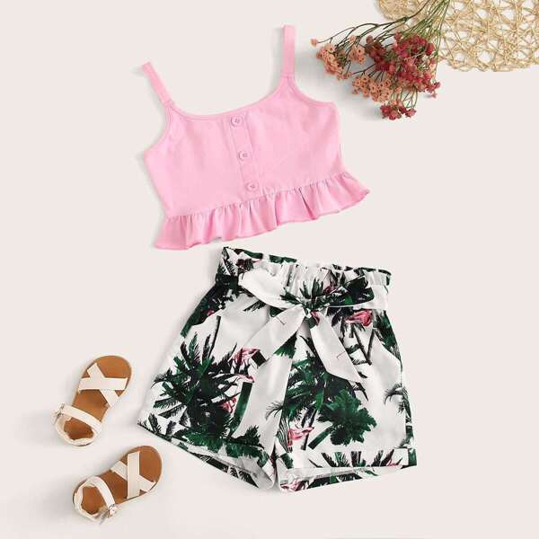 

Girls Ruffle Hem Top and Paperbag Waist Shorts Set