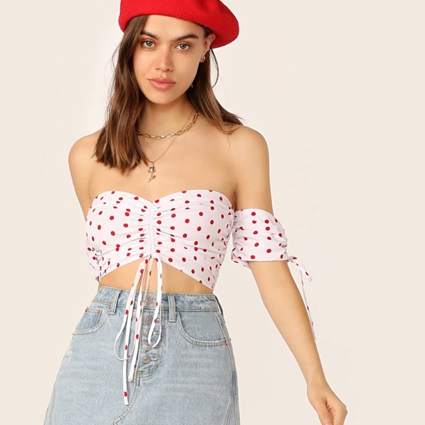 

Off Shoulder Drawstring Front Shirred Polka Dot Top