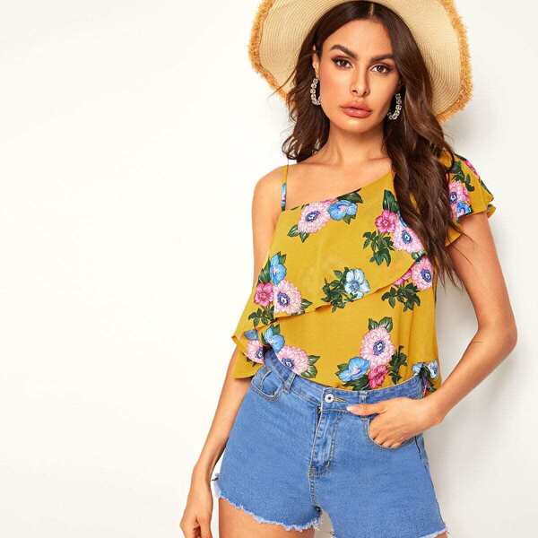 

Asymmetrical Neck Ruffle Foldover Floral Print Top