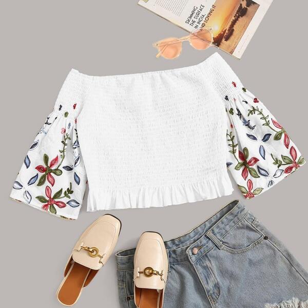

Bardot Ruffle Hem Embroidery Appliques Sleeve Shirred Top