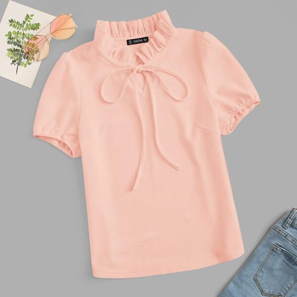 

Frilled Tie Neck Solid Top