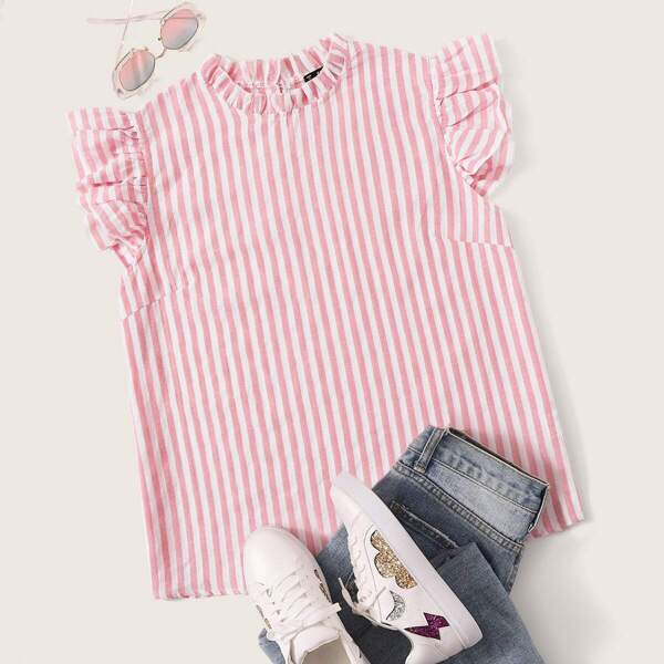 

Plus Frill Neck Keyhole Back Striped Top
