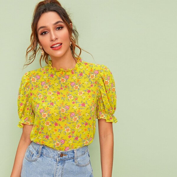 

Ditsy Floral Print Keyhole Back Frill Trim Top, Yellow bright