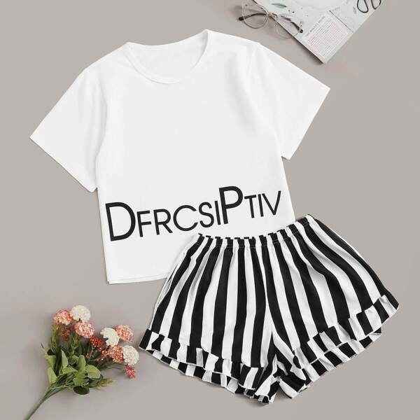 

Letter Print Top & Striped Shorts PJ Set