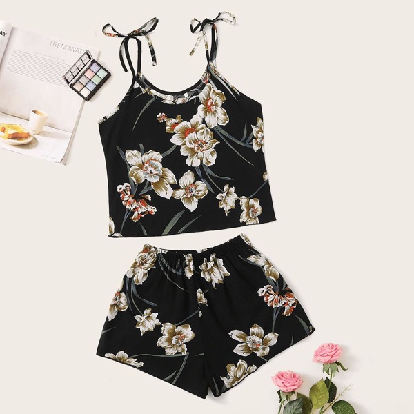 

Floral Print Knot Detail Cami With Shorts, Multicolor
