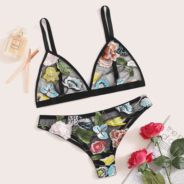 

Floral Embroidered Sheer Lingerie Set