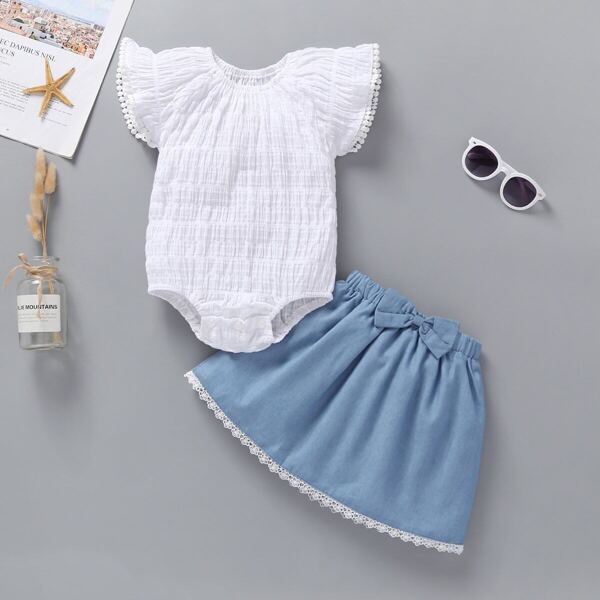 

Baby Girl Lace Panel Shirred Romper With Skirt, Multicolor