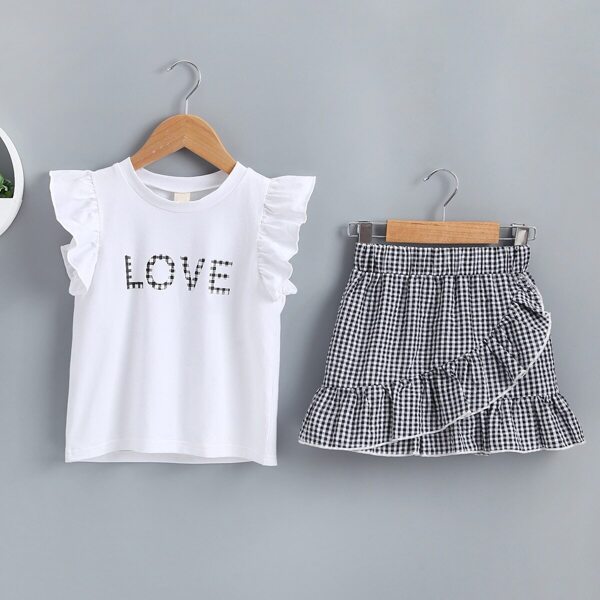 

Toddler Girls Letter Print Top With Gingham Ruffle Trim Skirt