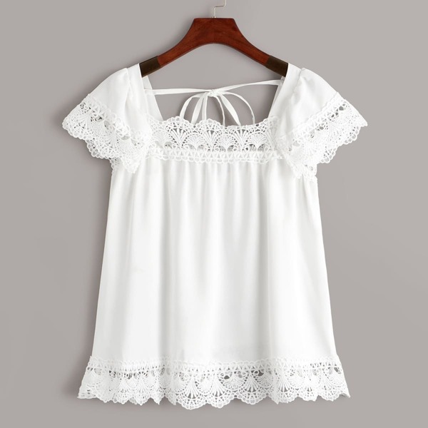 

Contrast Guipure Lace Tie Back Blouse