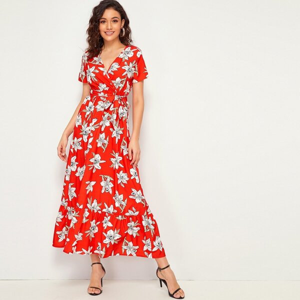 

Large Floral Print Ruffle Hem Belted Surplice Dress, Red