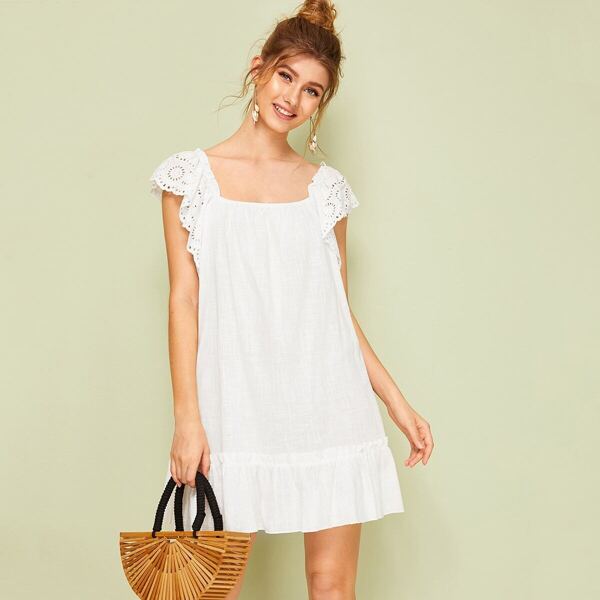 

Eyelet Embroidery Square Neck Ruffle Hem Dress