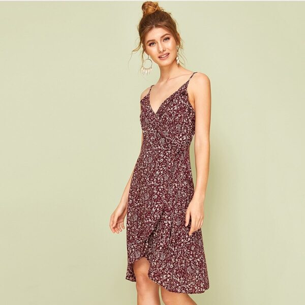 

Ditsy Floral Ruffle Trim Knot Wrap Slip Dress