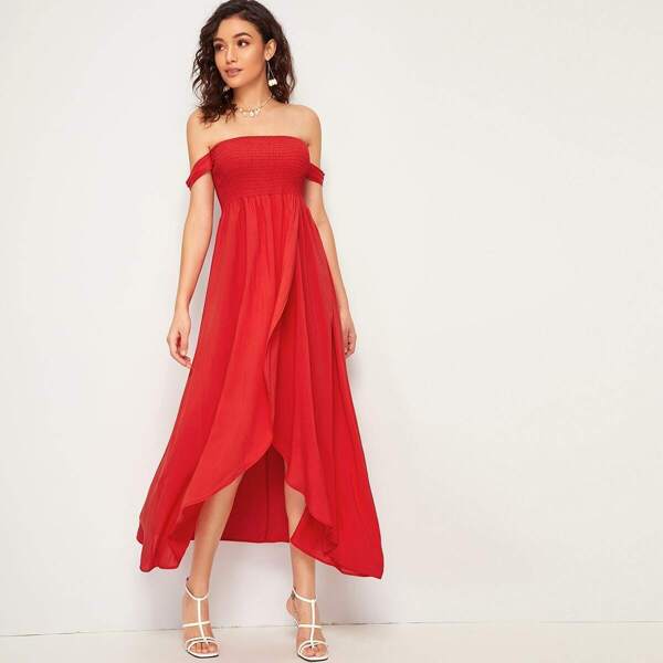 

Off The Shoulder Tulip Hem Shirred Dress, Red