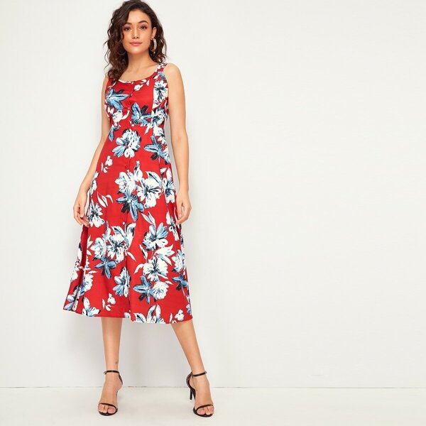 

Large Floral Print Button Front Tie Back Dress