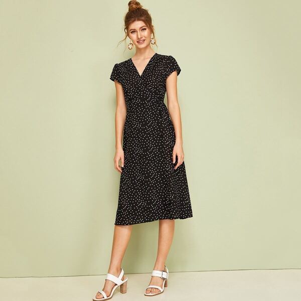 

Polka Dot Knot Side Surplice Dress