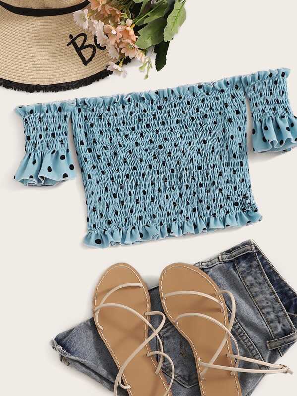 

Polka Dot Shirred Off The Shoulder Blouse, Blue
