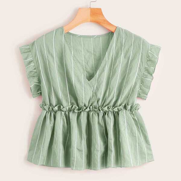 

Vertical Striped Frill Trim Babydoll Blouse