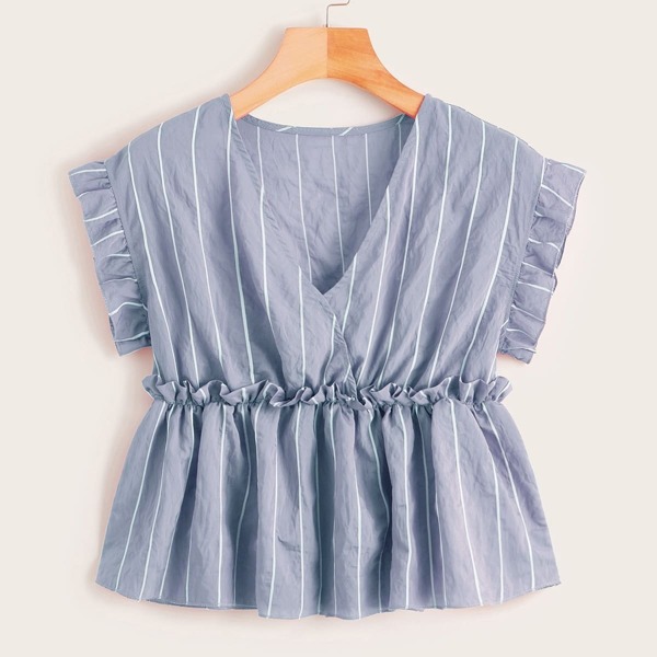 

Vertical Striped Frill Trim Babydoll Blouse