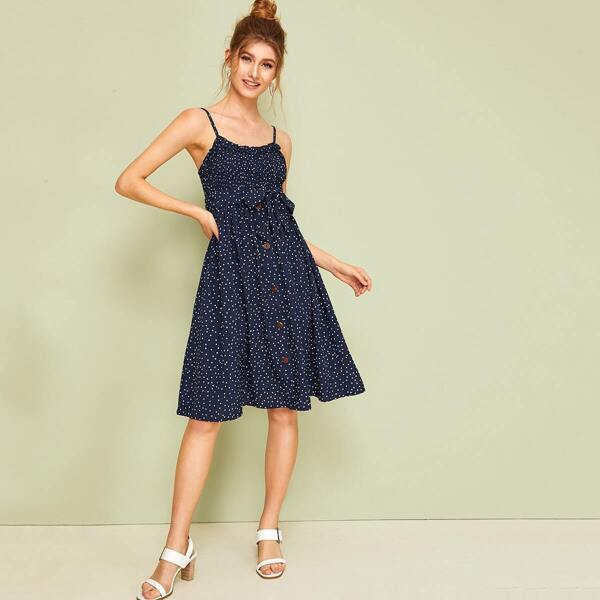 

Polka Dot Button Front Shirred Belted Slip Dress